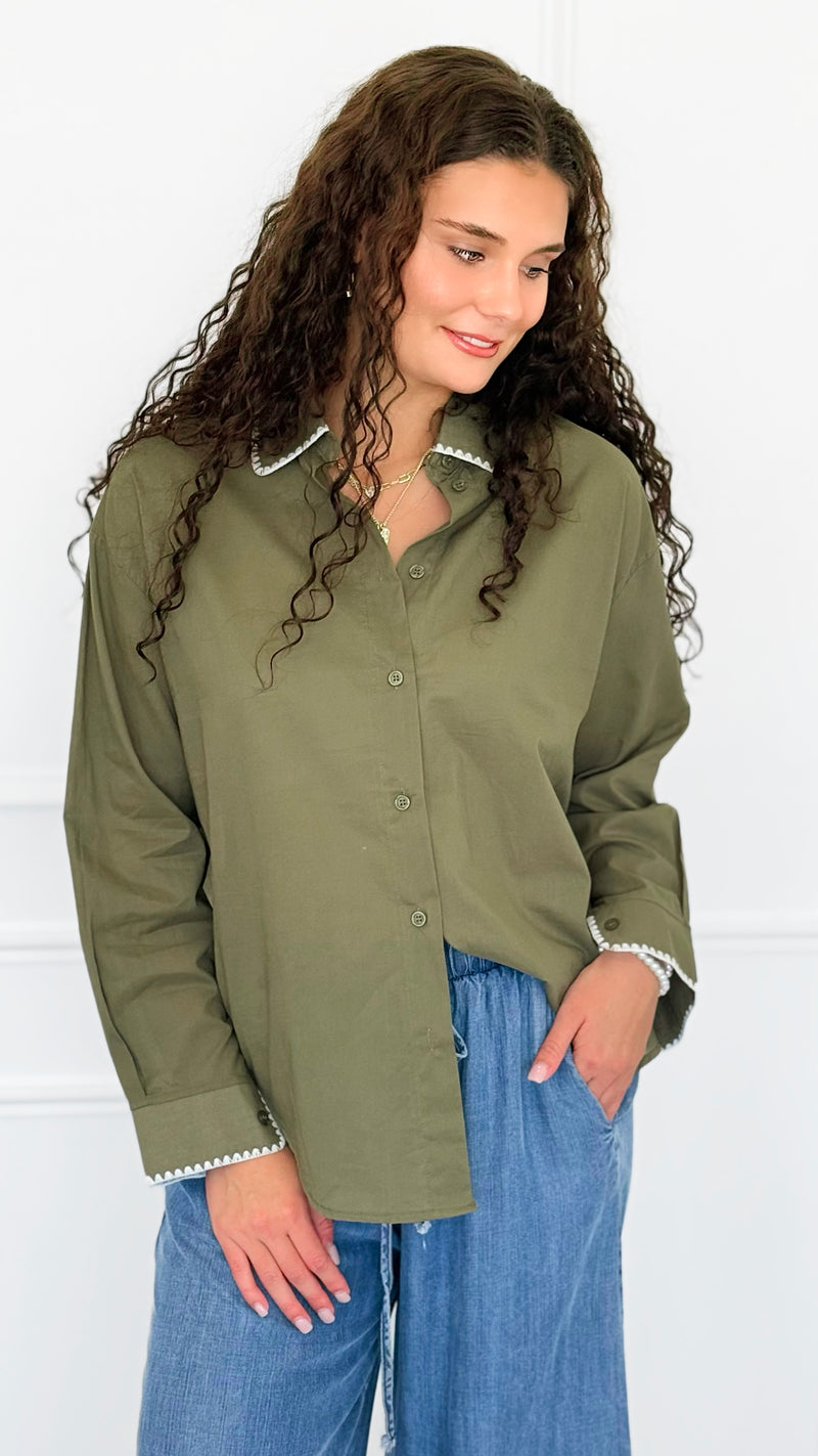 Delicate Edge Embroidered Blouse- Olive-170 Bottoms-V SKY-Coastal Bloom Boutique, find the trendiest versions of the popular styles and looks Located in Indialantic, FL