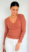 Button Me Up Ribbed Top - Dusty Copper-130 Long Sleeve Tops-YELETE-Coastal Bloom Boutique, find the trendiest versions of the popular styles and looks Located in Indialantic, FL