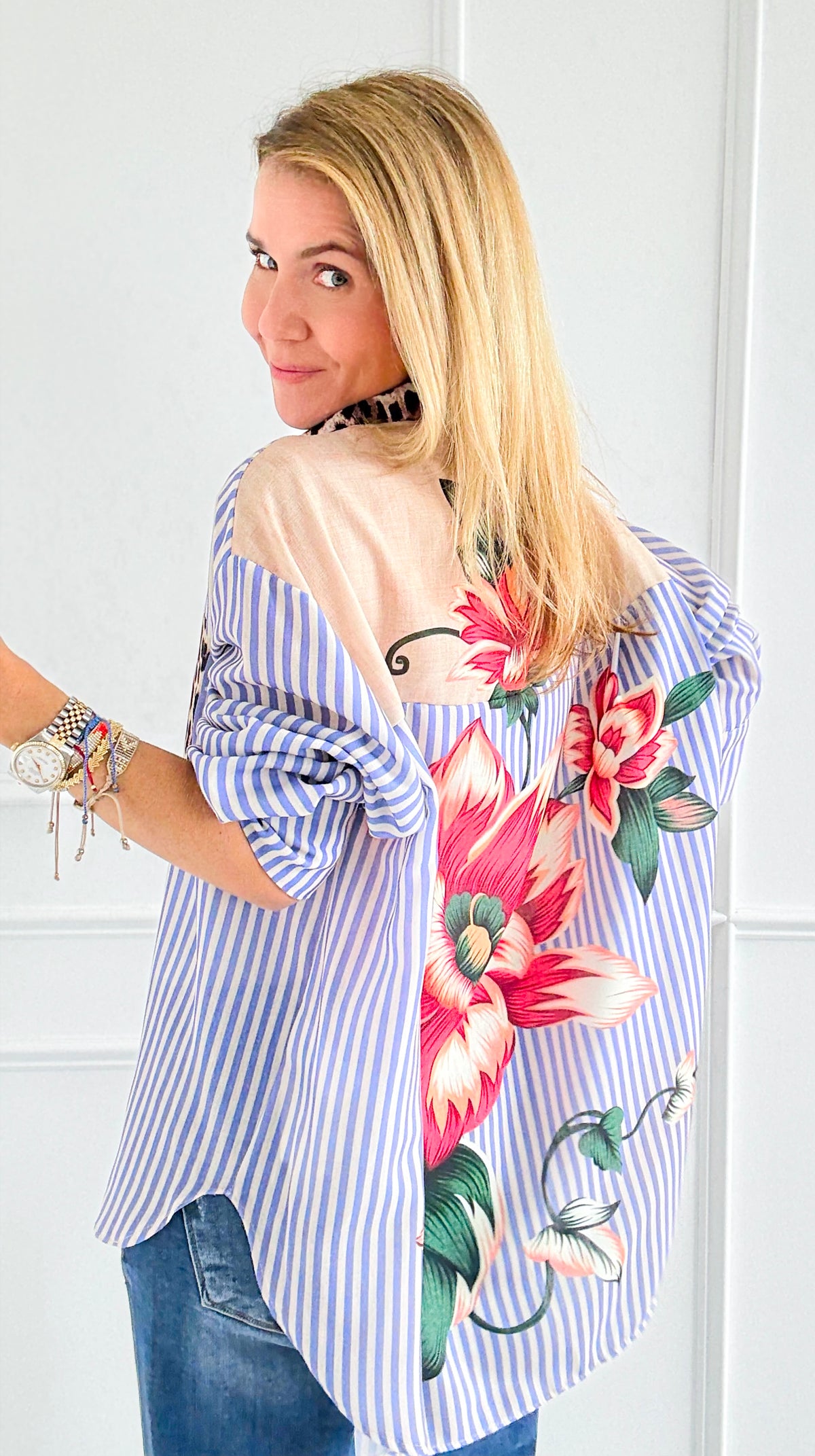 Stripes & Petals Wild Italian Blouse-110 Long Sleeve Tops-Italianissimo-Coastal Bloom Boutique, find the trendiest versions of the popular styles and looks Located in Indialantic, FL