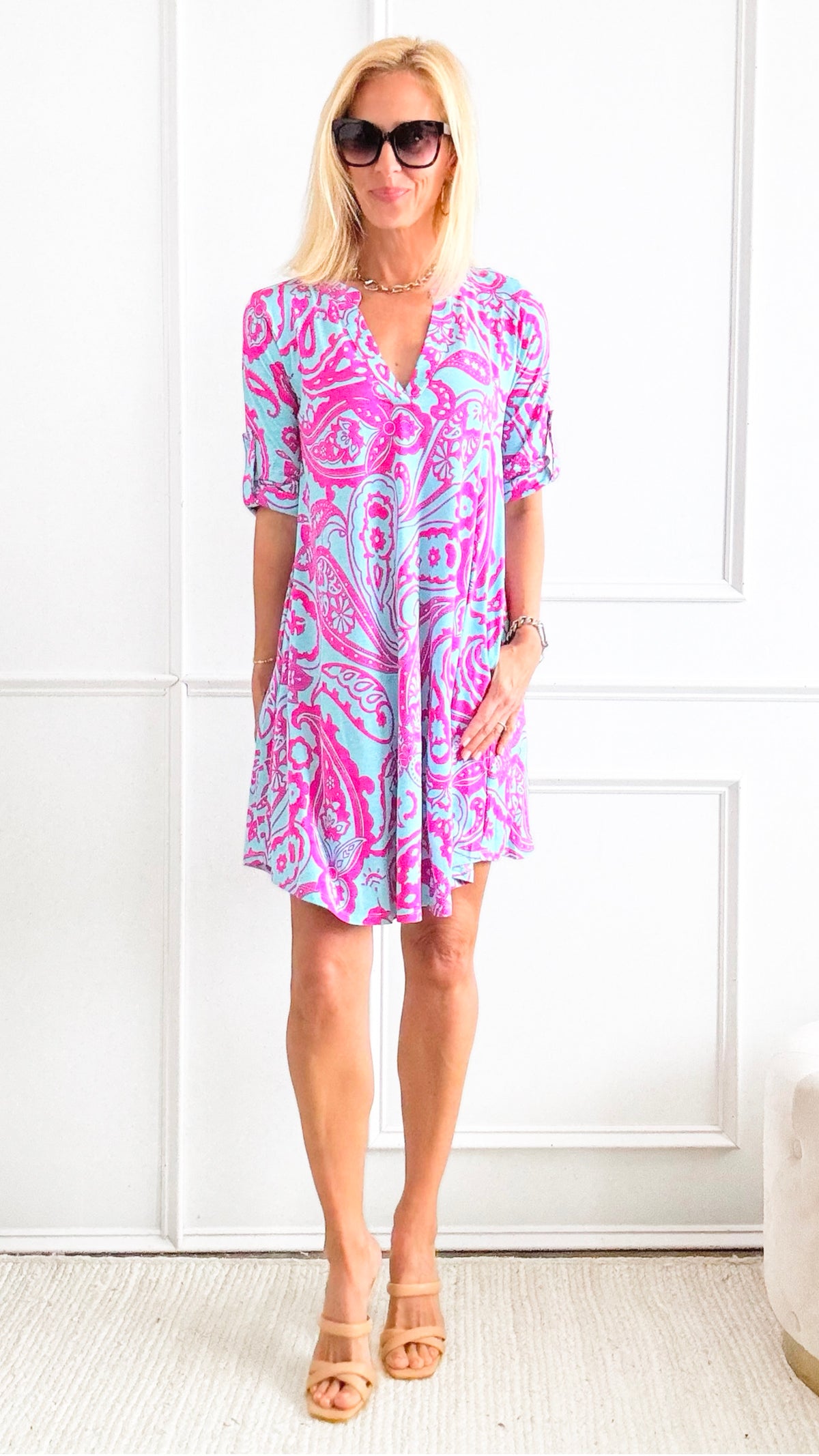 Big Paisley Roll-Up Sleeve Dress-200 Dresses/Jumpsuits/Rompers-HYFVE-Coastal Bloom Boutique, find the trendiest versions of the popular styles and looks Located in Indialantic, FL