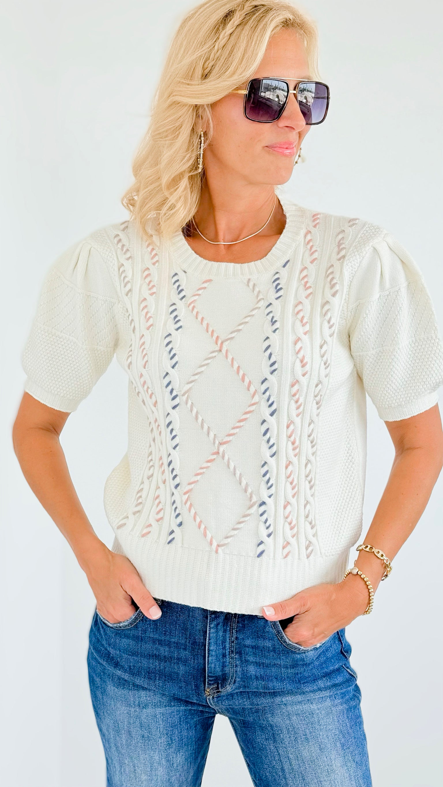 Multi Cable Stitch Knit Top-140 Sweaters-Anniewear-Coastal Bloom Boutique, find the trendiest versions of the popular styles and looks Located in Indialantic, FL