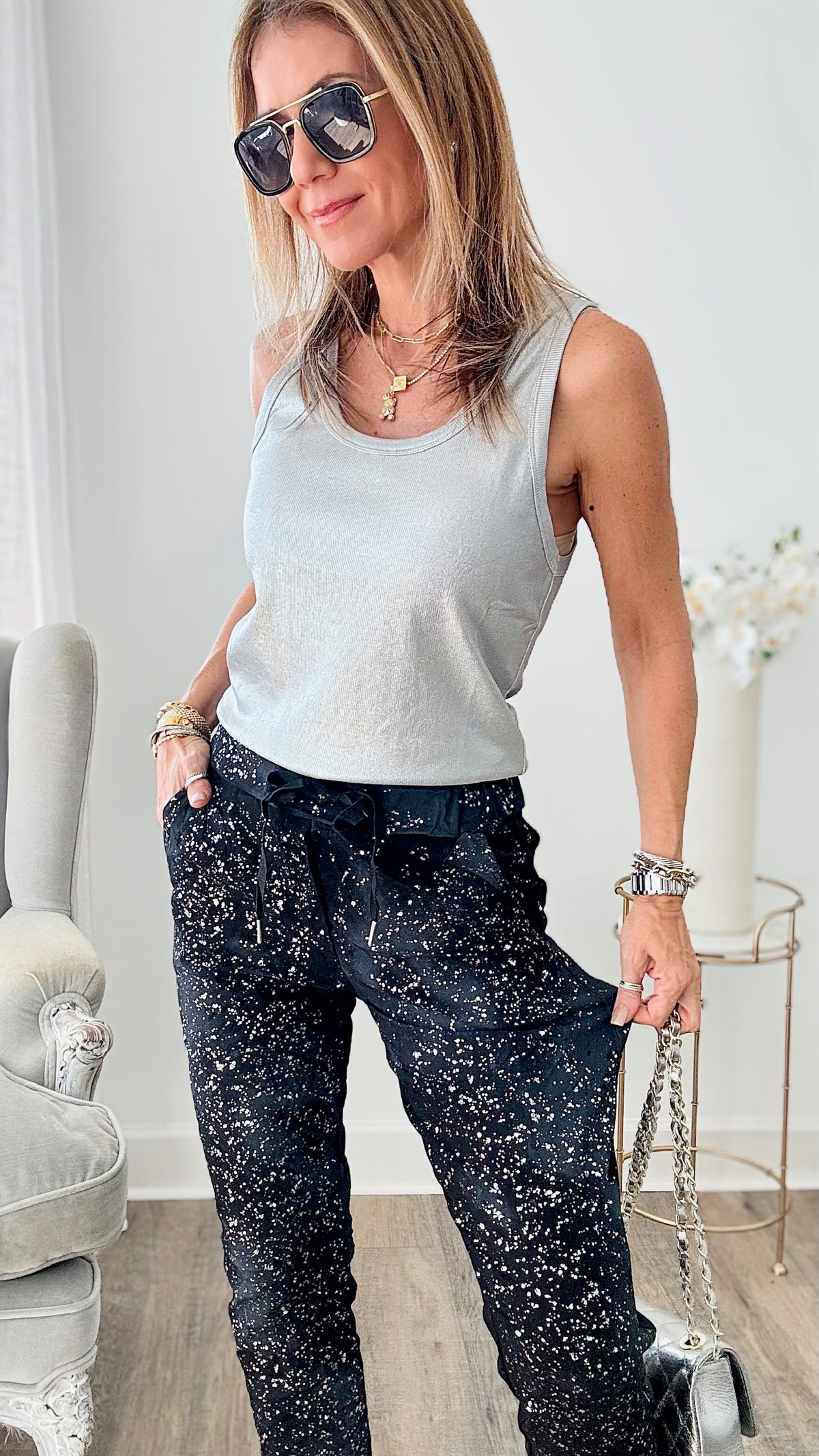 Splash Of Silver Italian Joggers - Black-180 Joggers-Germany-Coastal Bloom Boutique, find the trendiest versions of the popular styles and looks Located in Indialantic, FL