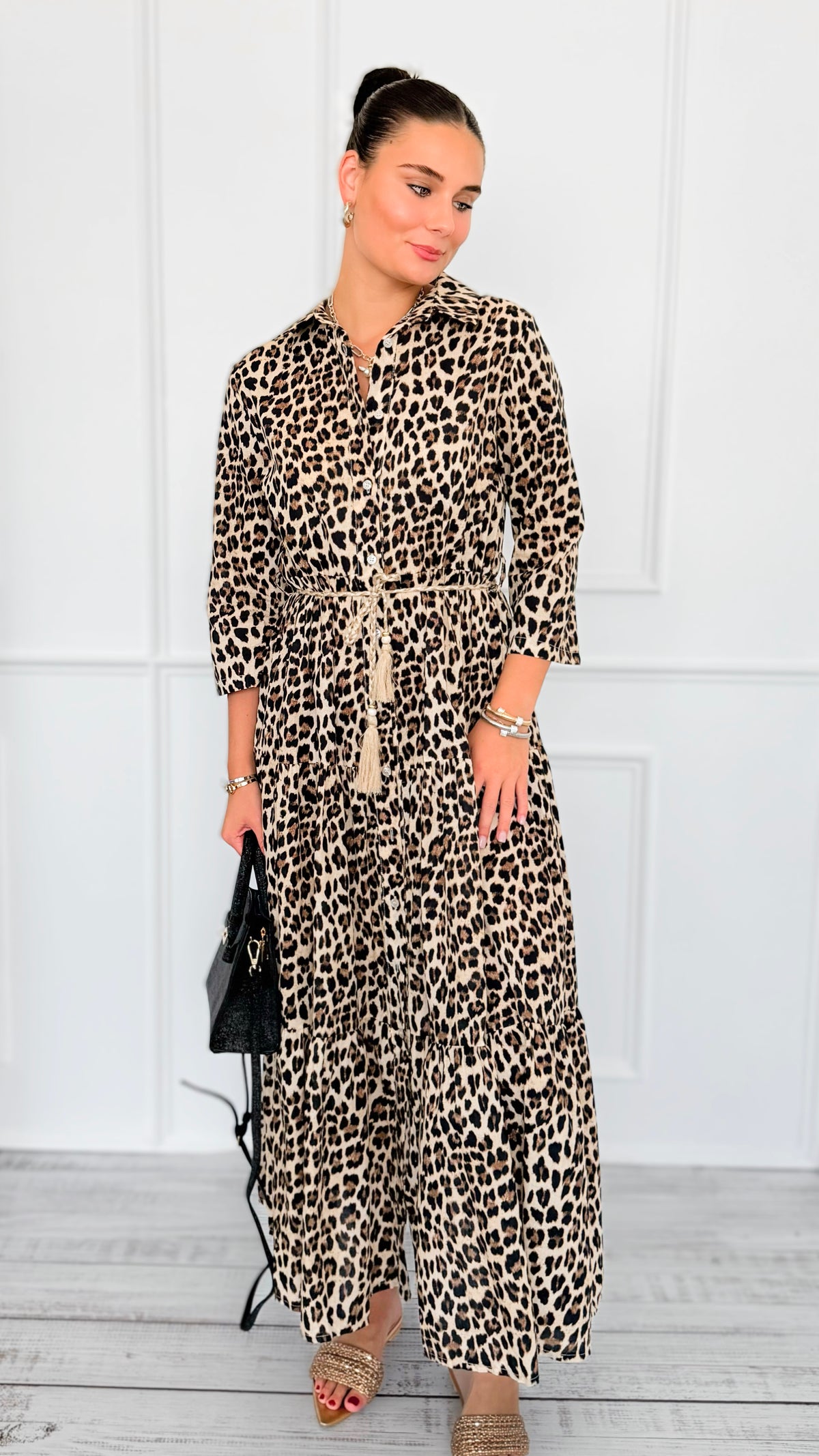 Leopard Paws Button Italian Long Dress-200 Dresses/Jumpsuits/Rompers-FH GROUP-Coastal Bloom Boutique, find the trendiest versions of the popular styles and looks Located in Indialantic, FL
