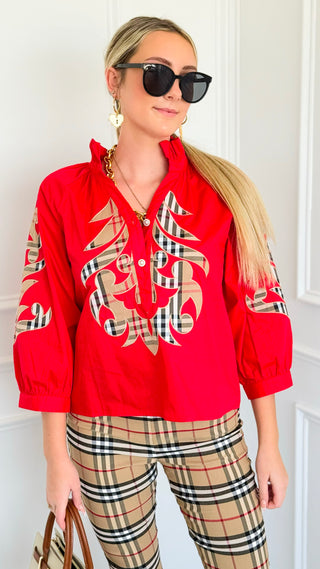Plaid Appliqué Ruffle Neck Blouse Top - Red