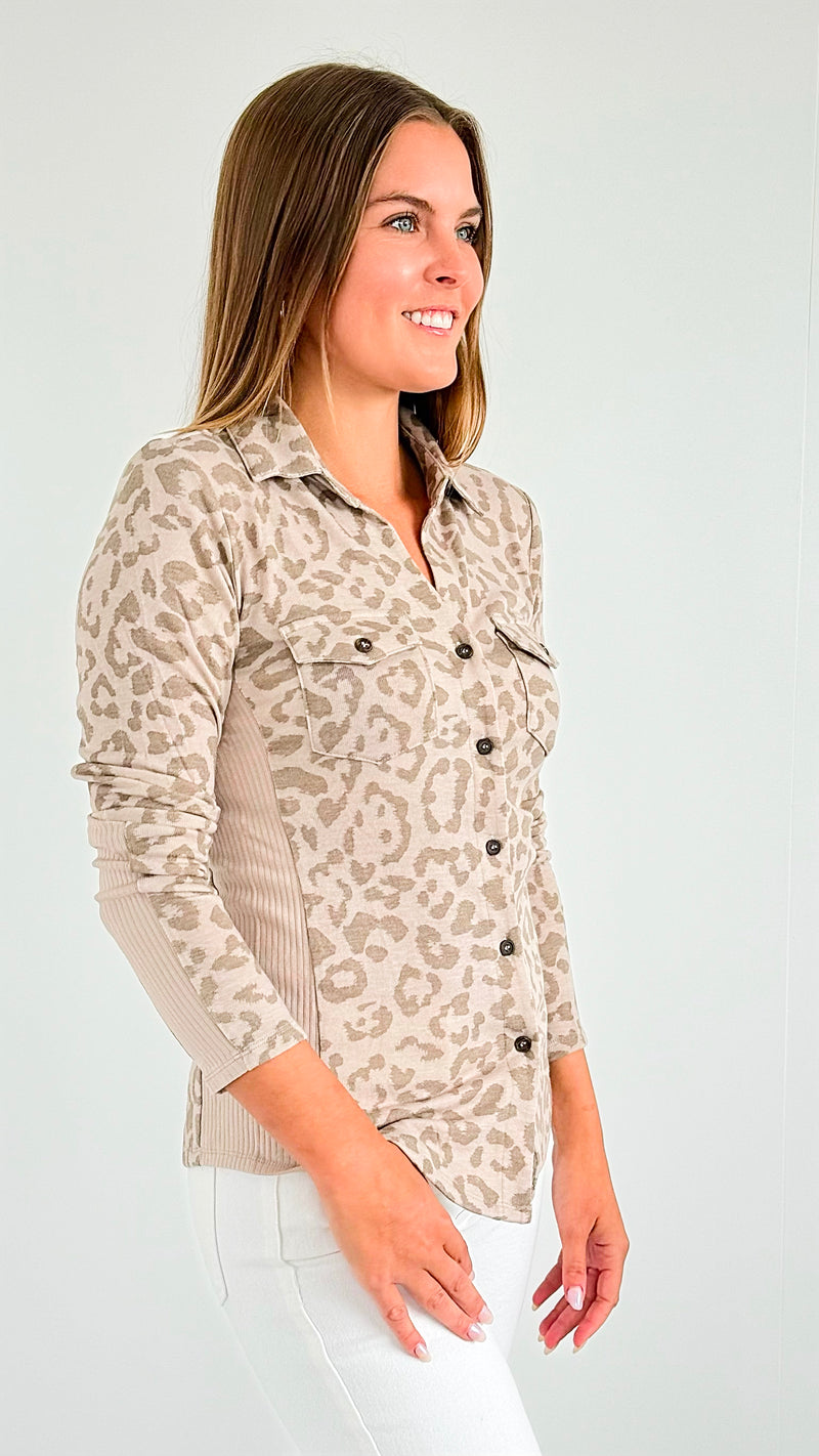 Leo Print Fitted Button-Up - Taupe-100 Sleeveless Tops-mystree-Coastal Bloom Boutique, find the trendiest versions of the popular styles and looks Located in Indialantic, FL