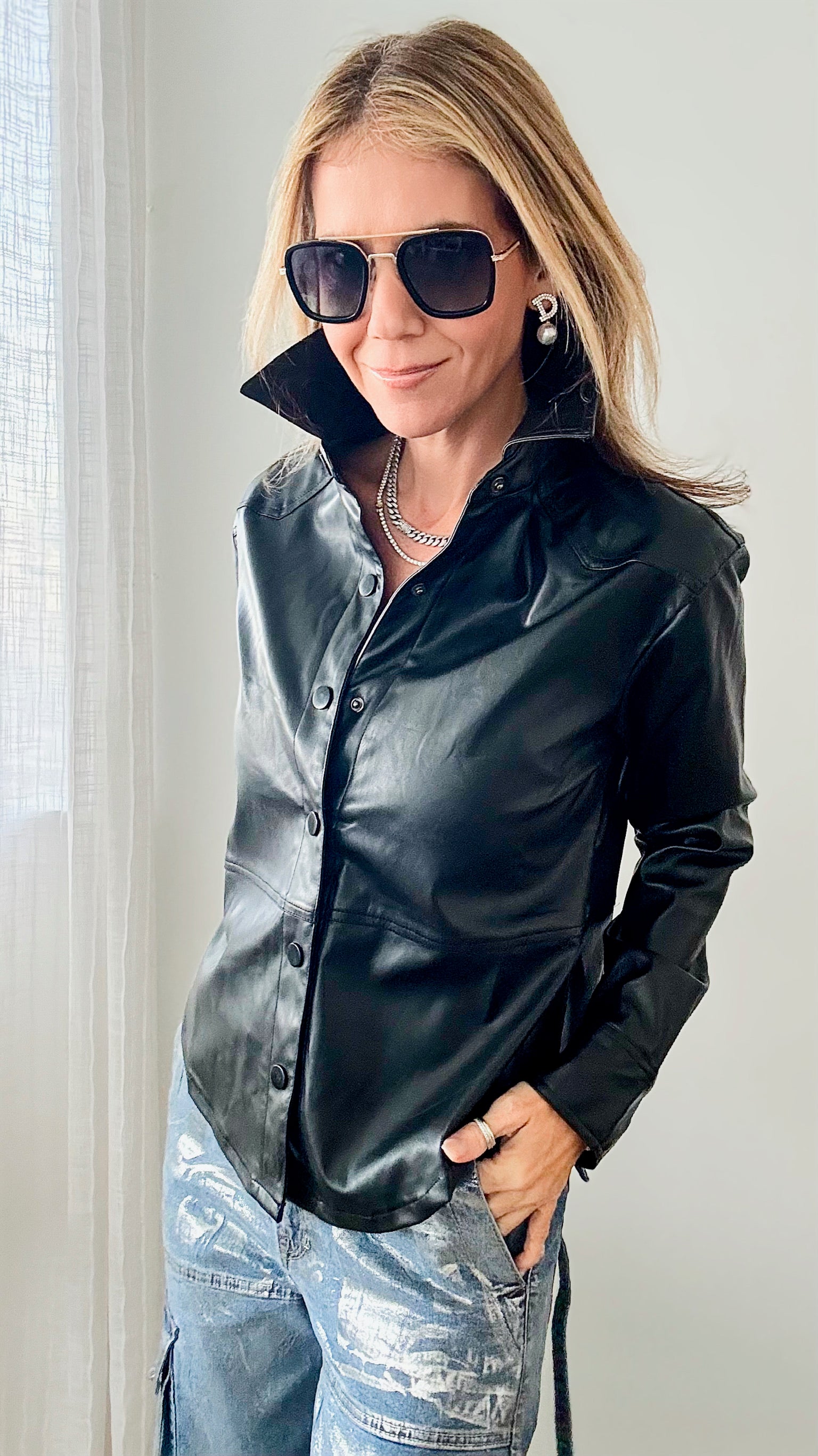 Buttery Faux Leather Button Up Blouse-130 Long Sleeve Tops-KIWI-Coastal Bloom Boutique, find the trendiest versions of the popular styles and looks Located in Indialantic, FL