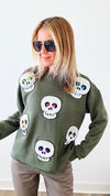 Shimmer Skulls Sweater - Army Green-140 Sweaters-Coastal Bloom-Coastal Bloom Boutique, find the trendiest versions of the popular styles and looks Located in Indialantic, FL