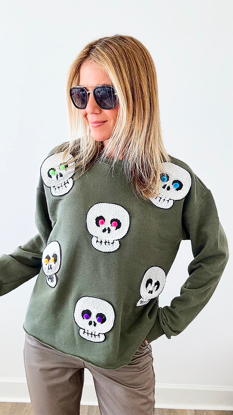 Shimmer Skulls Sweater - Army Green-140 Sweaters-Coastal Bloom-Coastal Bloom Boutique, find the trendiest versions of the popular styles and looks Located in Indialantic, FL