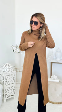 Chic Long Split Italian Sweater - Camel-150 Cardigans/Layers-Italianissimo-Coastal Bloom Boutique, find the trendiest versions of the popular styles and looks Located in Indialantic, FL