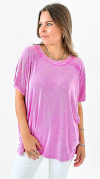 Breezy Ribbed Knit Top - Bright Mauve-110 Short Sleeve Tops-Zenana-Coastal Bloom Boutique, find the trendiest versions of the popular styles and looks Located in Indialantic, FL