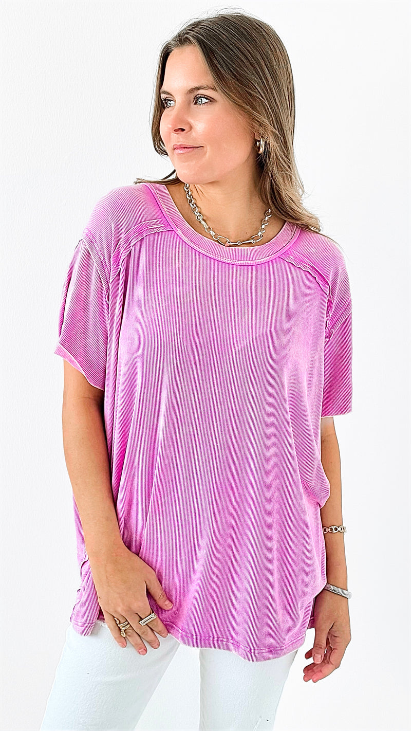 Breezy Ribbed Knit Top - Bright Mauve-110 Short Sleeve Tops-Zenana-Coastal Bloom Boutique, find the trendiest versions of the popular styles and looks Located in Indialantic, FL