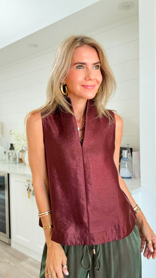 Satin Mock Neck Top - Burgundy