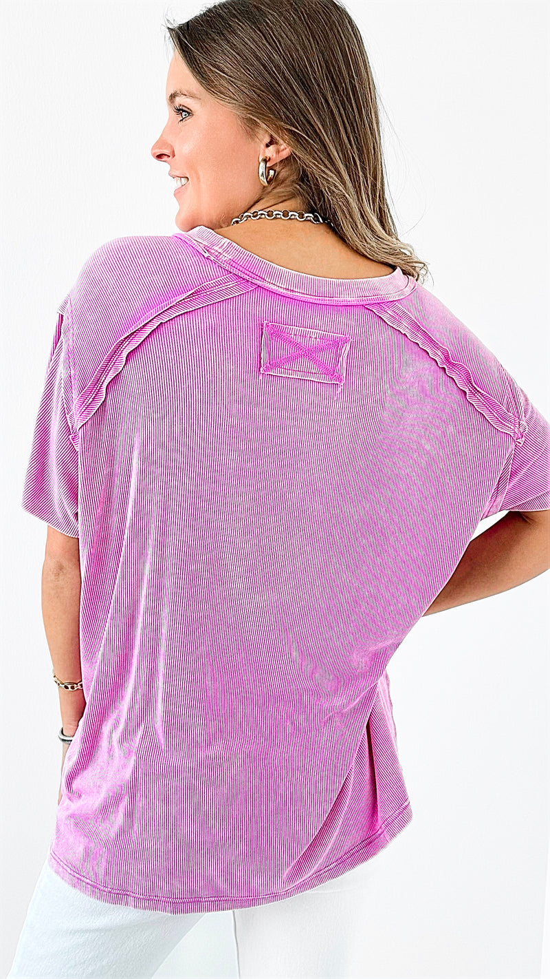 Breezy Ribbed Knit Top - Bright Mauve-110 Short Sleeve Tops-Zenana-Coastal Bloom Boutique, find the trendiest versions of the popular styles and looks Located in Indialantic, FL