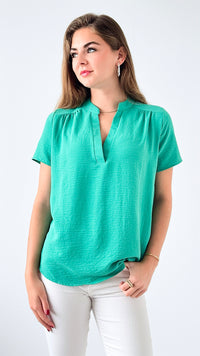 Graceful Gathered V-Neck Top - Kelly Green-110 Short Sleeve Tops-entro-Coastal Bloom Boutique, find the trendiest versions of the popular styles and looks Located in Indialantic, FL