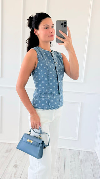 Polka Dot Scalloped Denim Top