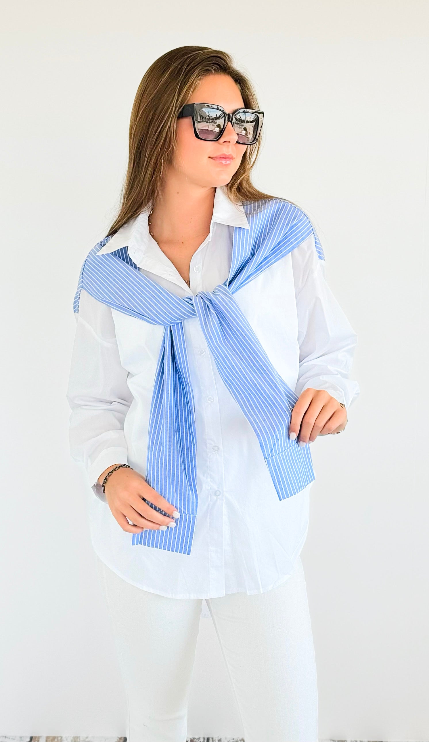 Contrasting Striped Detail Blouse-130 Long Sleeve Tops-Hot & Delicious-Coastal Bloom Boutique, find the trendiest versions of the popular styles and looks Located in Indialantic, FL