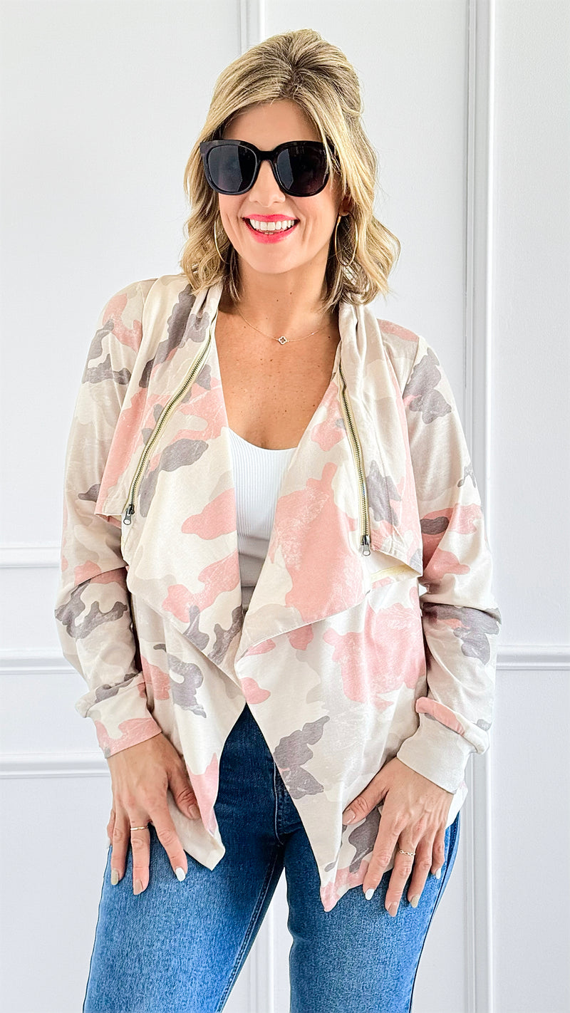 Blush Camo Open Front Jacket-160 Jackets-mystree-Coastal Bloom Boutique, find the trendiest versions of the popular styles and looks Located in Indialantic, FL