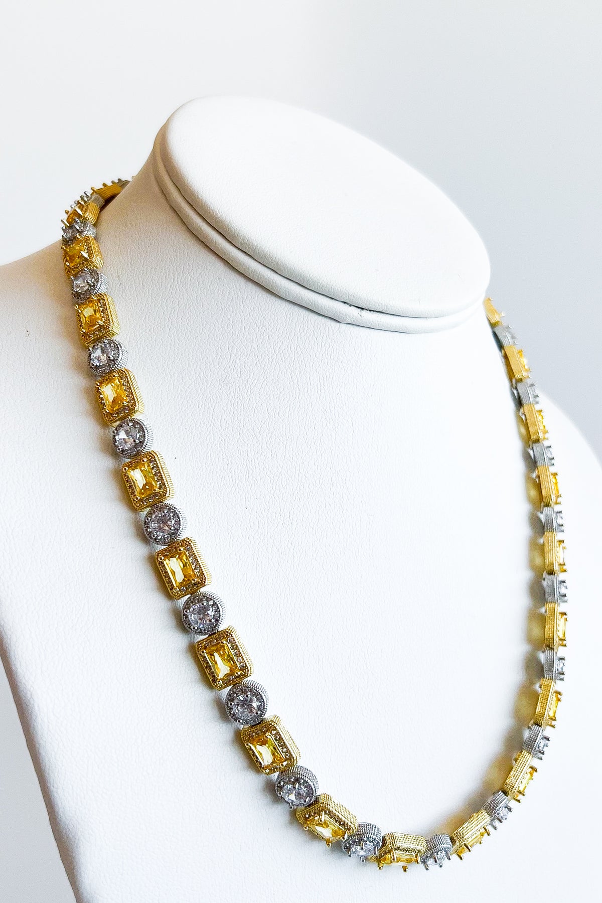 CZ Rectangle & Round Two Tone Necklace-230 Jewelry-CBALY-Coastal Bloom Boutique, find the trendiest versions of the popular styles and looks Located in Indialantic, FL