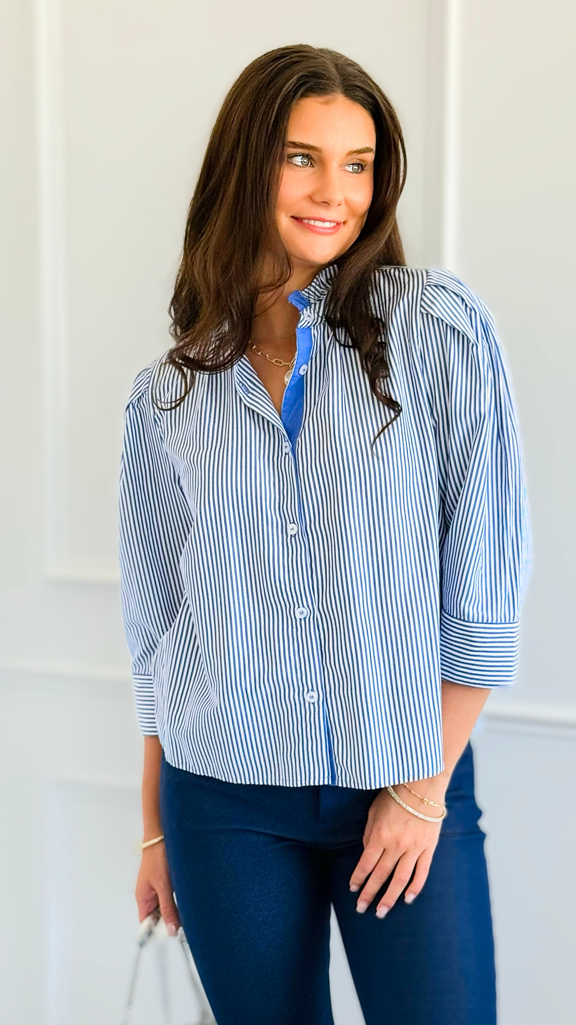Graceful Stripes Button-Up Blouse - Blue-130 Long sleeve top-Jodifl-Coastal Bloom Boutique, find the trendiest versions of the popular styles and looks Located in Indialantic, FL