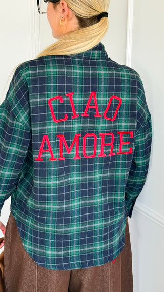 Plaid Ciao Amore Embroidered Button Front Shirt