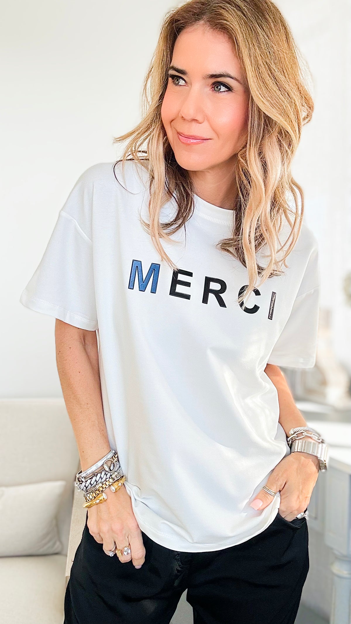 Merci Oversized T-Shirt - White-110 Short Sleeve Tops-in2you-Coastal Bloom Boutique, find the trendiest versions of the popular styles and looks Located in Indialantic, FL