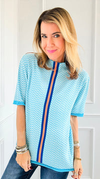 Vibrant Line Herringbone Top - Blue-110 Short Sleeve Tops-Cezele-Coastal Bloom Boutique, find the trendiest versions of the popular styles and looks Located in Indialantic, FL