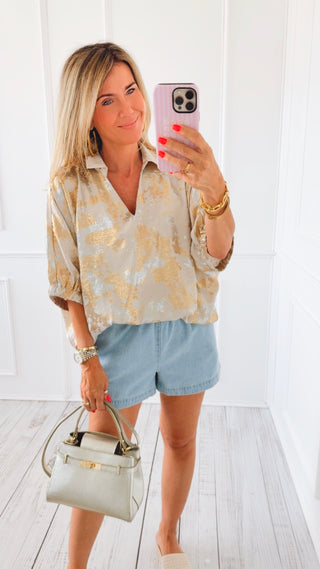 Metallic Puff Sleeve Top - Pearl