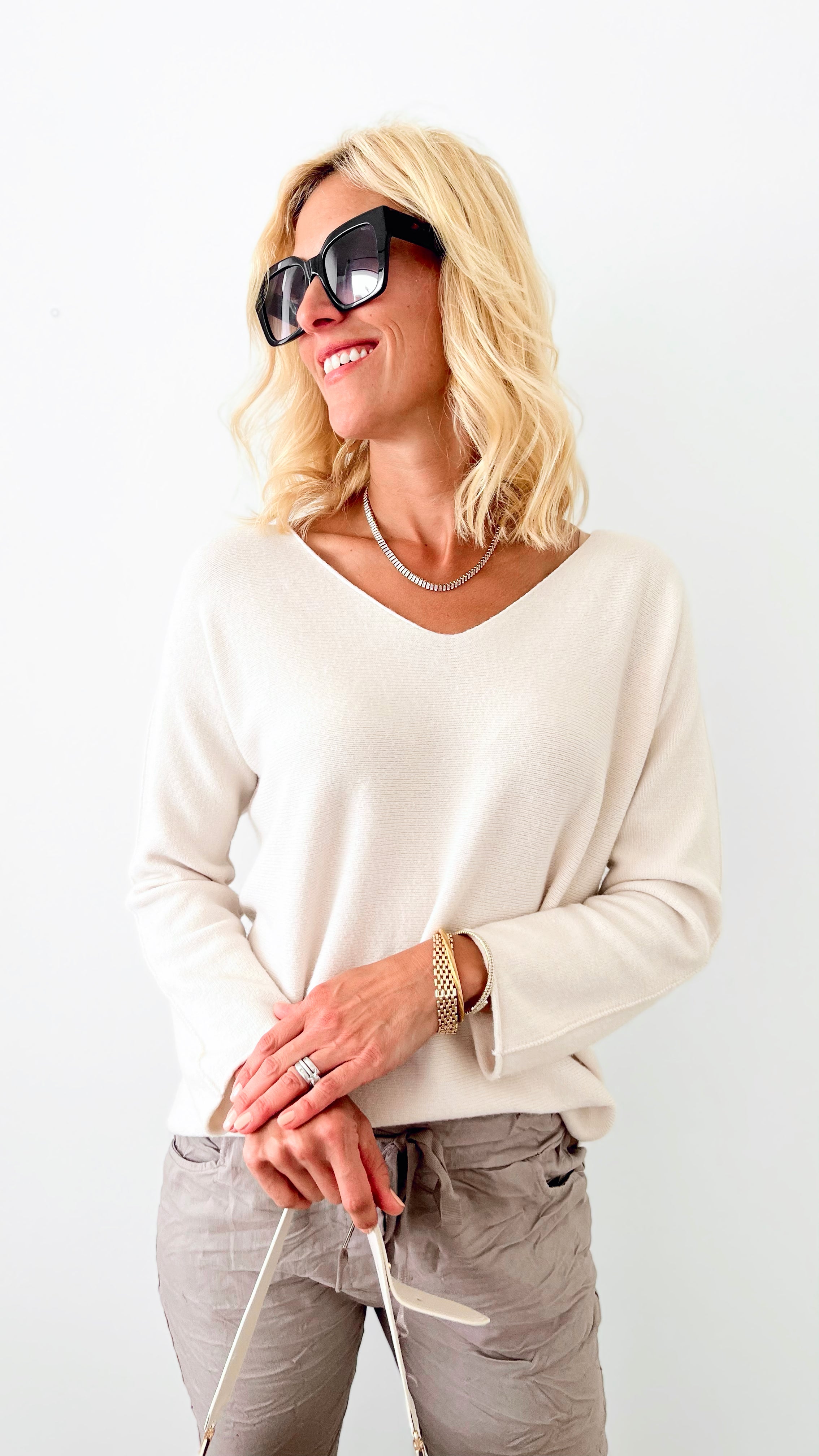 Soho Italian V-Neck Pullover - Ecru-140 Sweaters-Italianissimo-Coastal Bloom Boutique, find the trendiest versions of the popular styles and looks Located in Indialantic, FL