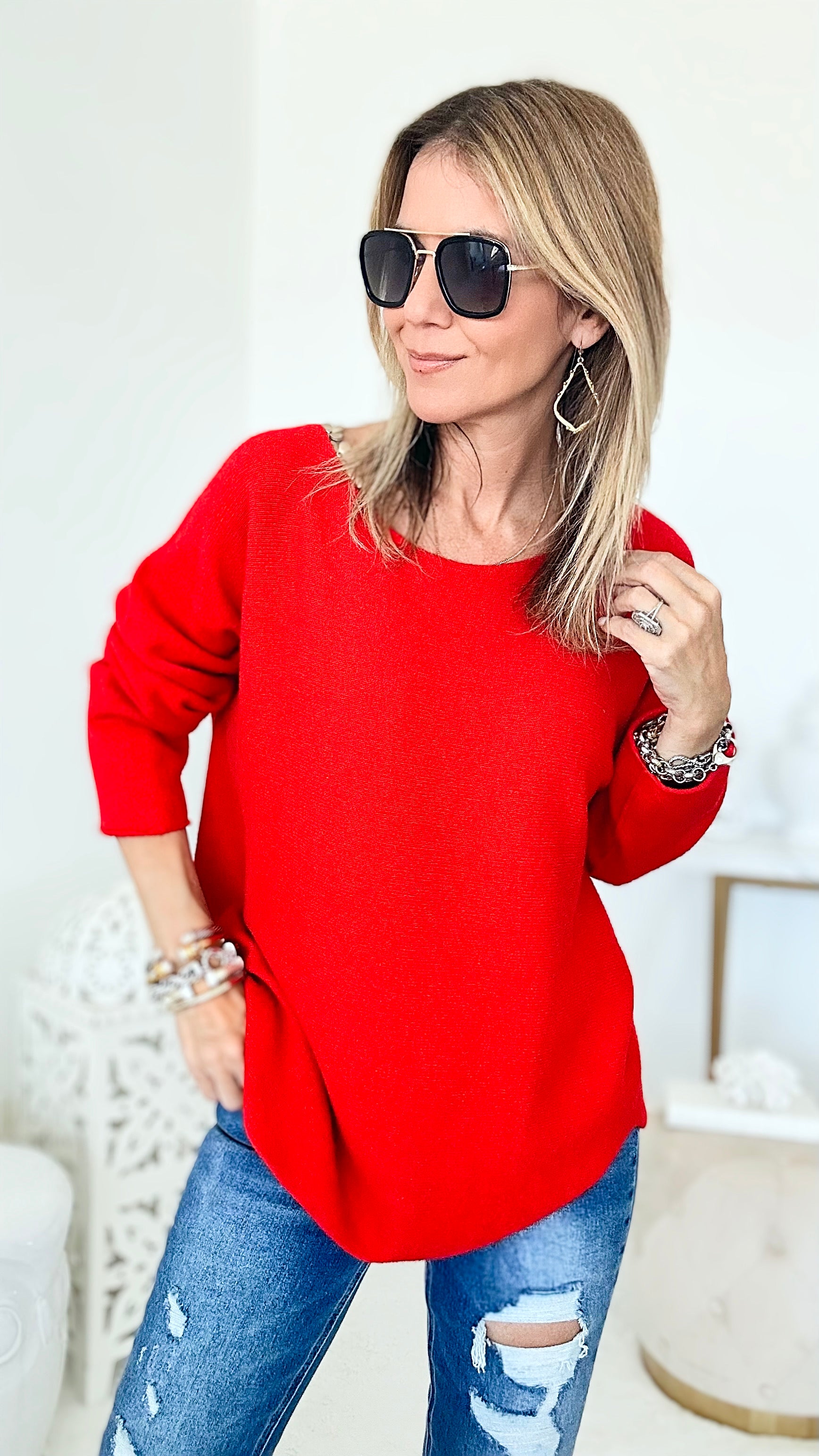 Soho Italian Boatneck Pullover - Red-140 Sweaters-Italianissimo-Coastal Bloom Boutique, find the trendiest versions of the popular styles and looks Located in Indialantic, FL