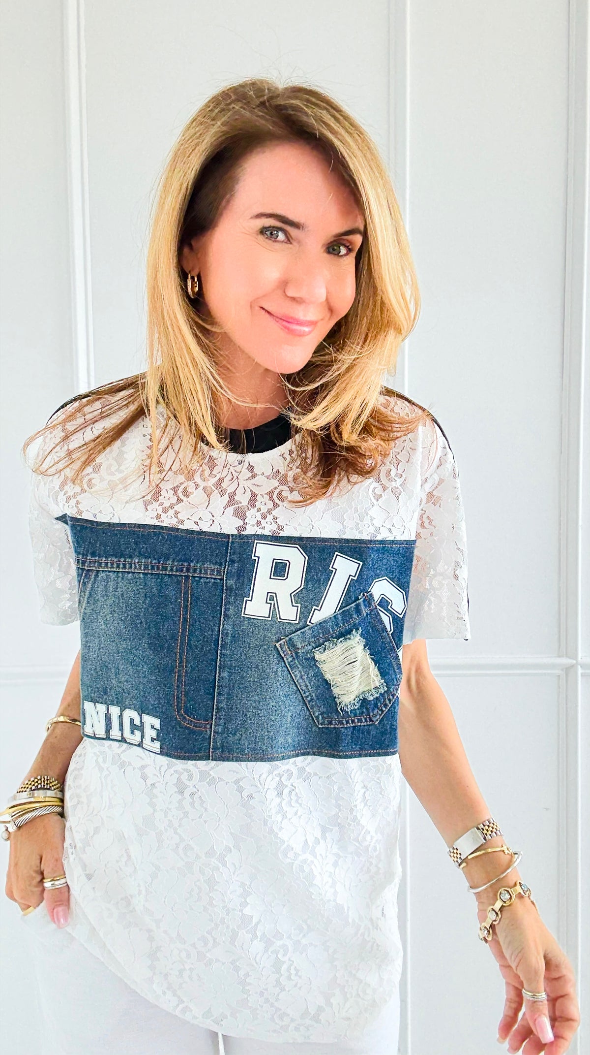 Nice Try Lace Patchwork Tee-110 Short Sleeve Tops-LA' ROS-Coastal Bloom Boutique, find the trendiest versions of the popular styles and looks Located in Indialantic, FL