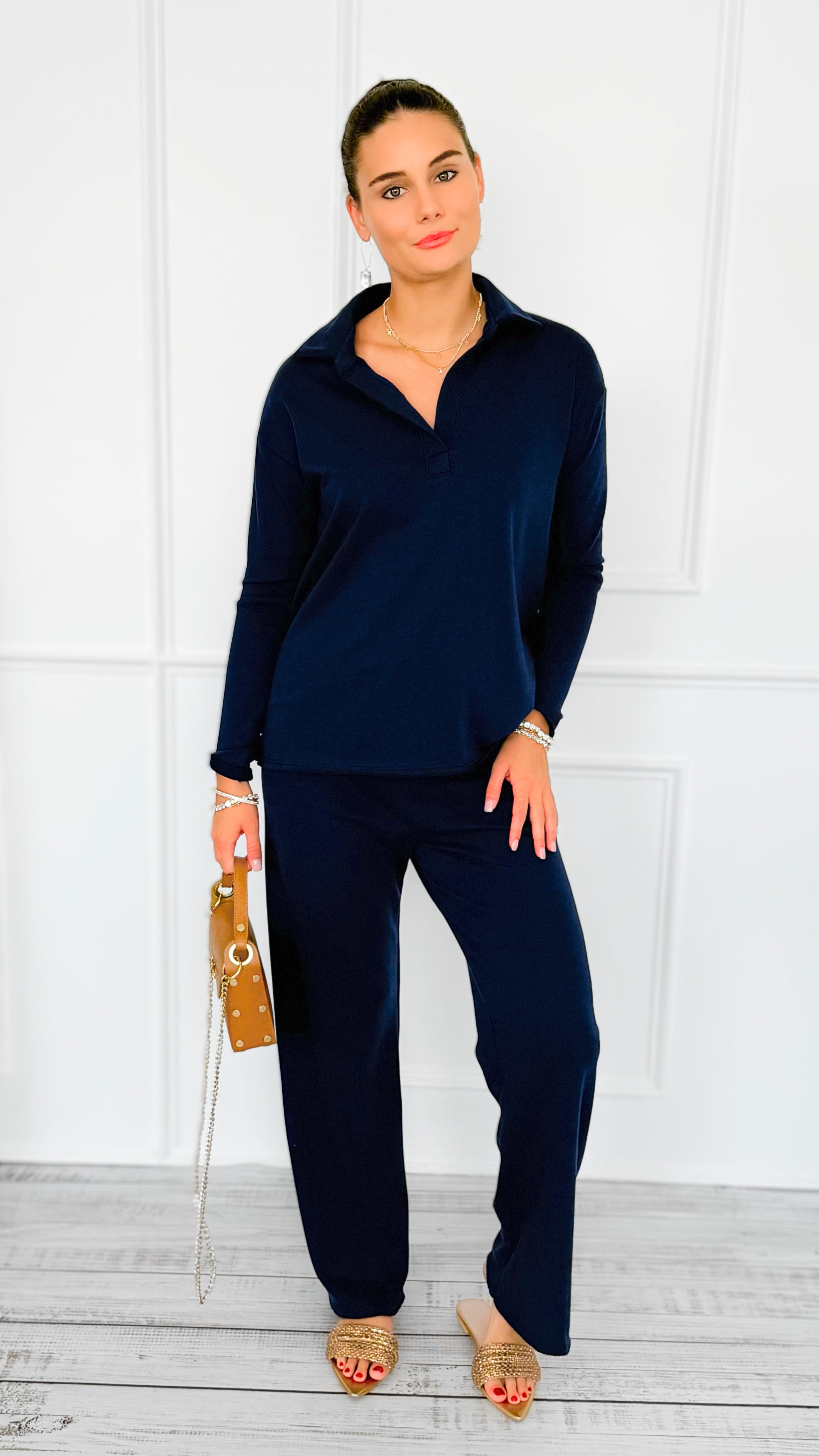 Chic & Cozy Eileen French Terry Pant Set-Dk Navy-210 Loungewear/sets-EC COLLECTION INC-Coastal Bloom Boutique, find the trendiest versions of the popular styles and looks Located in Indialantic, FL