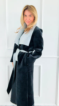 Two-Tone Wrap Belted Coat - Black-160 Jackets-V6-Coastal Bloom Boutique, find the trendiest versions of the popular styles and looks Located in Indialantic, FL