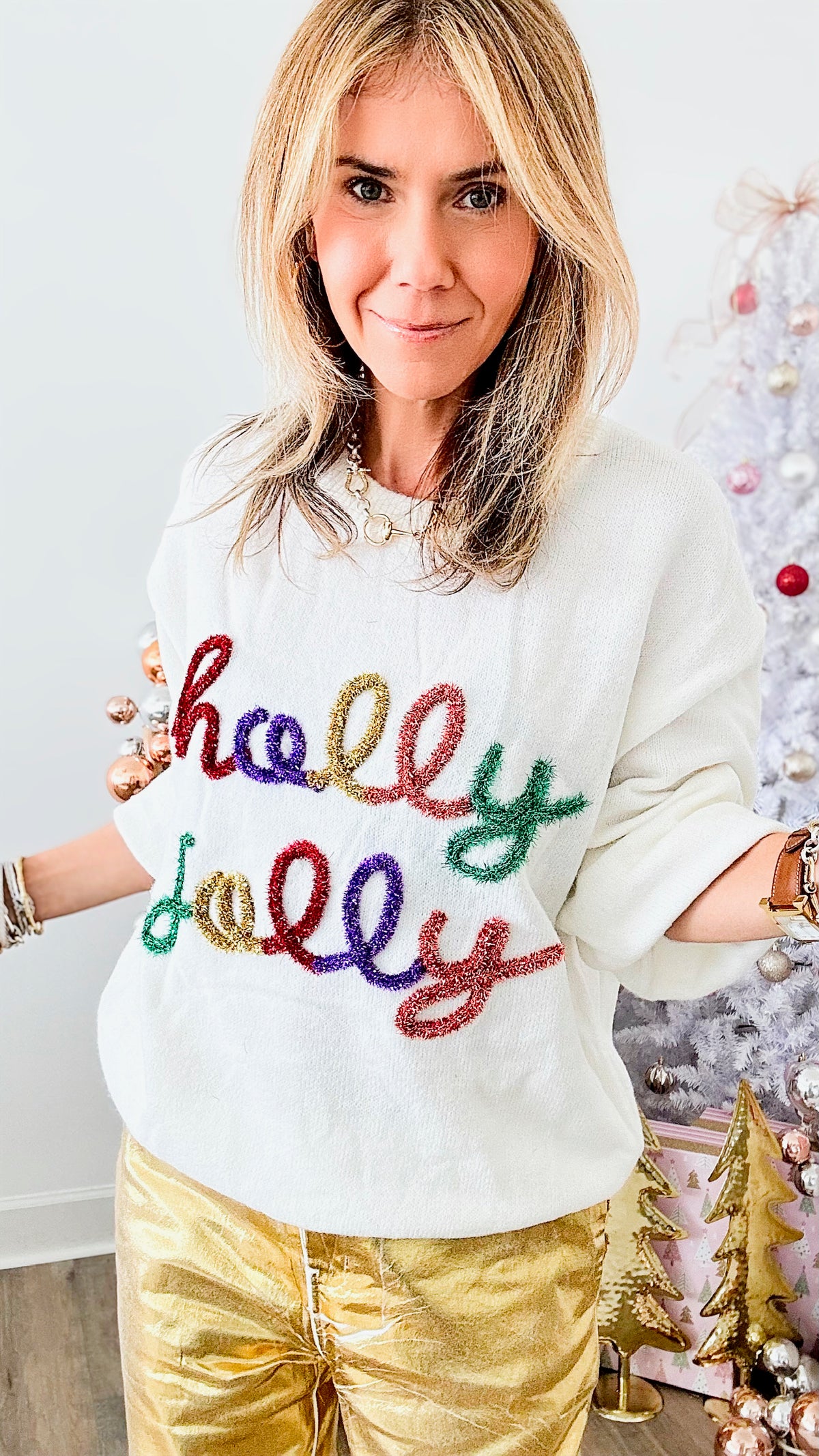Holly Jolly Sweatshirt - White Multi-130 Long Sleeve Tops-BIBI-Coastal Bloom Boutique, find the trendiest versions of the popular styles and looks Located in Indialantic, FL
