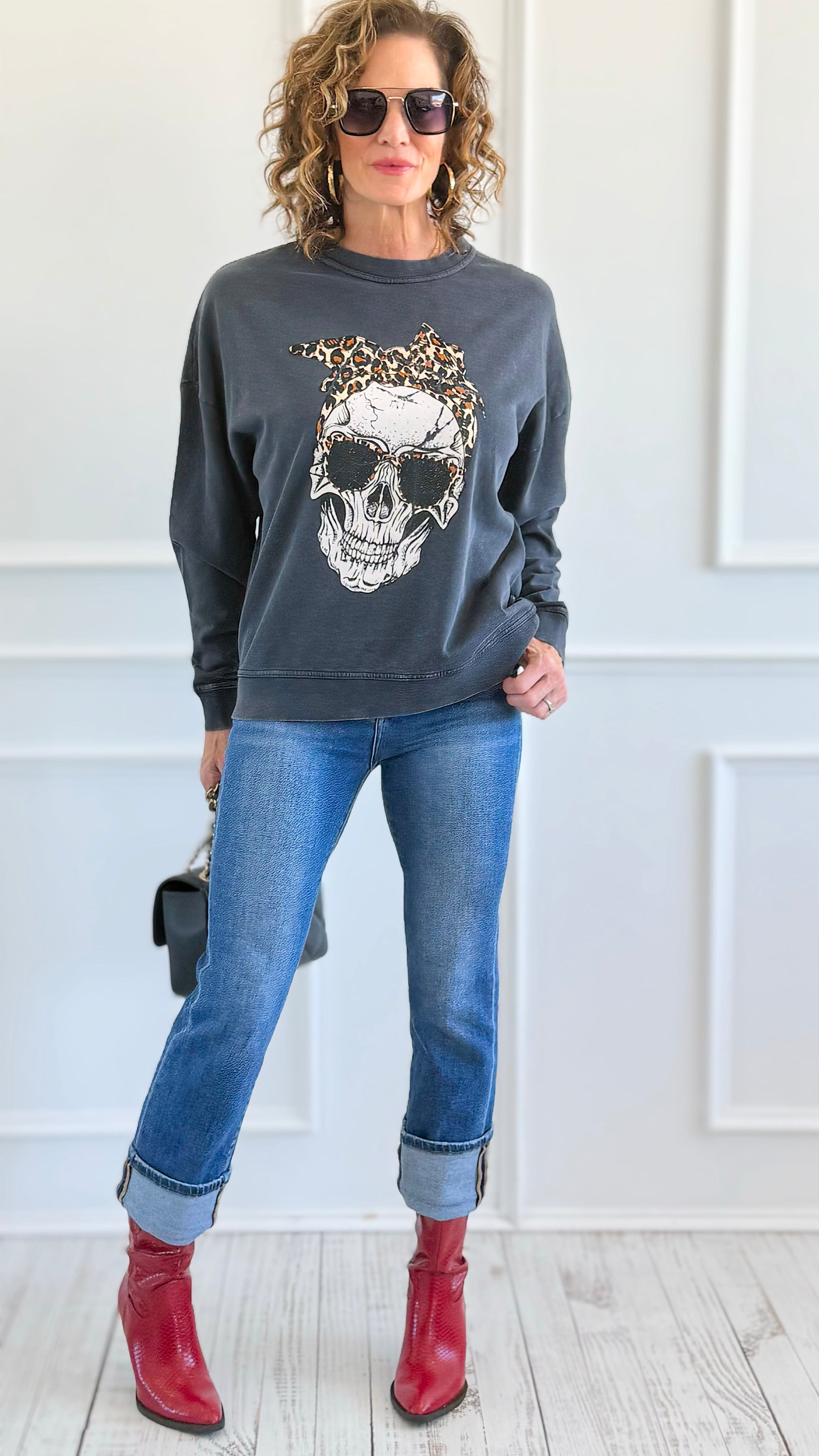 Wild Rebel Skull Italian Sweatshirt-110 Long Sleeve Tops-FIRSTAGE-Coastal Bloom Boutique, find the trendiest versions of the popular styles and looks Located in Indialantic, FL
