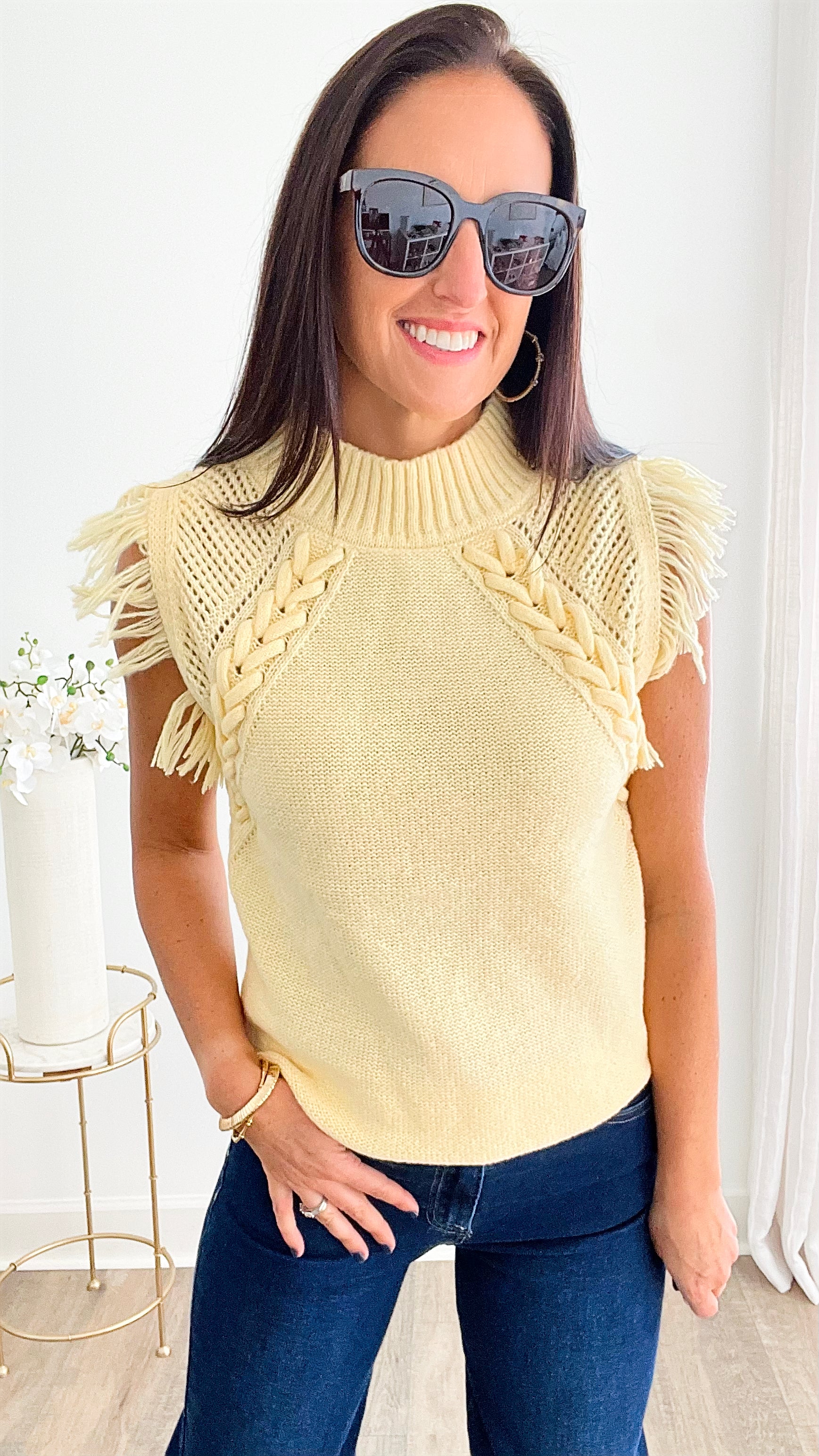 Cable Knit Fringe Sweater Vest - Lemonade-140 Sweaters-&MERCI-Coastal Bloom Boutique, find the trendiest versions of the popular styles and looks Located in Indialantic, FL