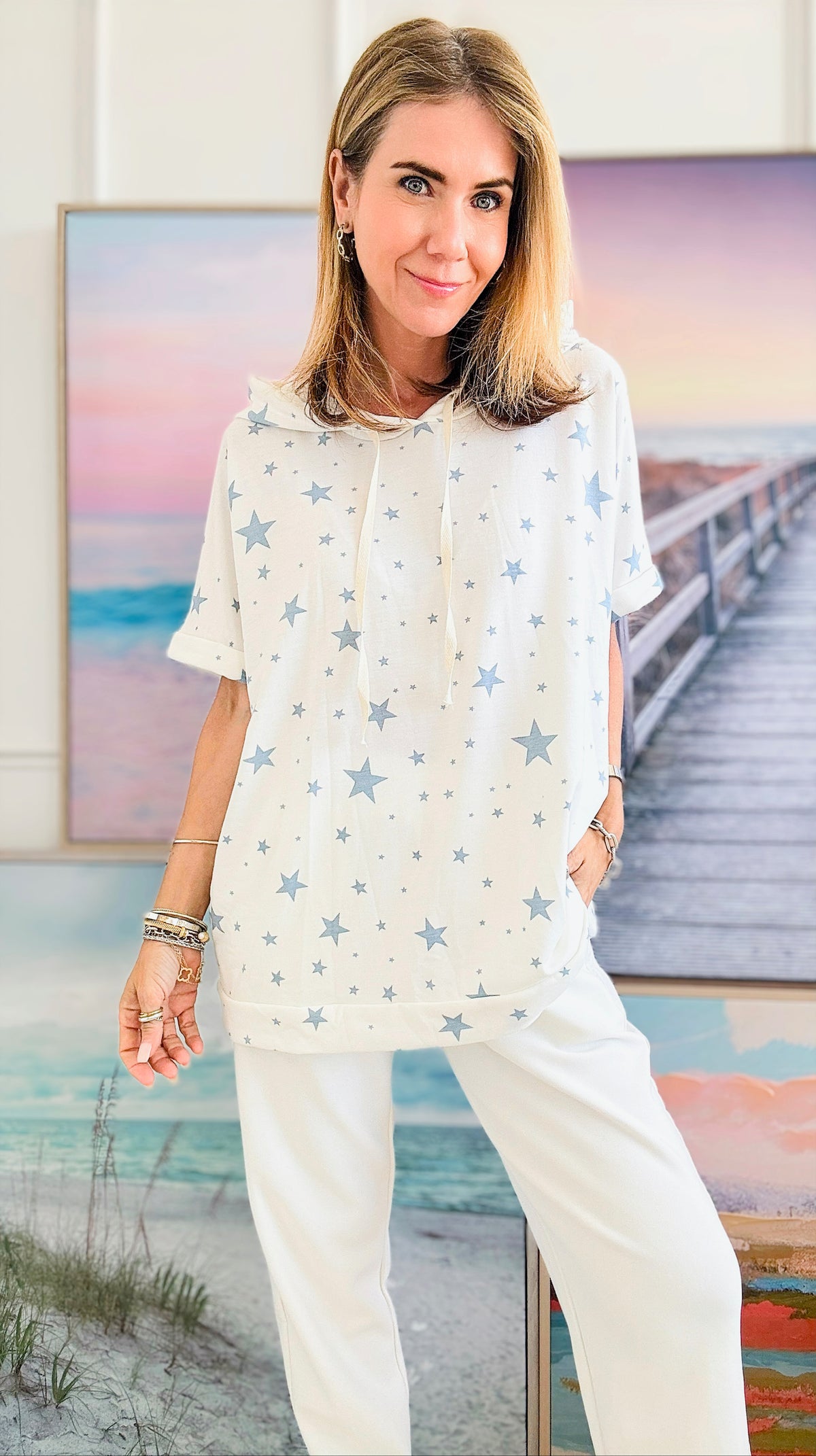 Stars Printed Hoodie Top-110 Short Sleeve Tops-Rousseau-Coastal Bloom Boutique, find the trendiest versions of the popular styles and looks Located in Indialantic, FL