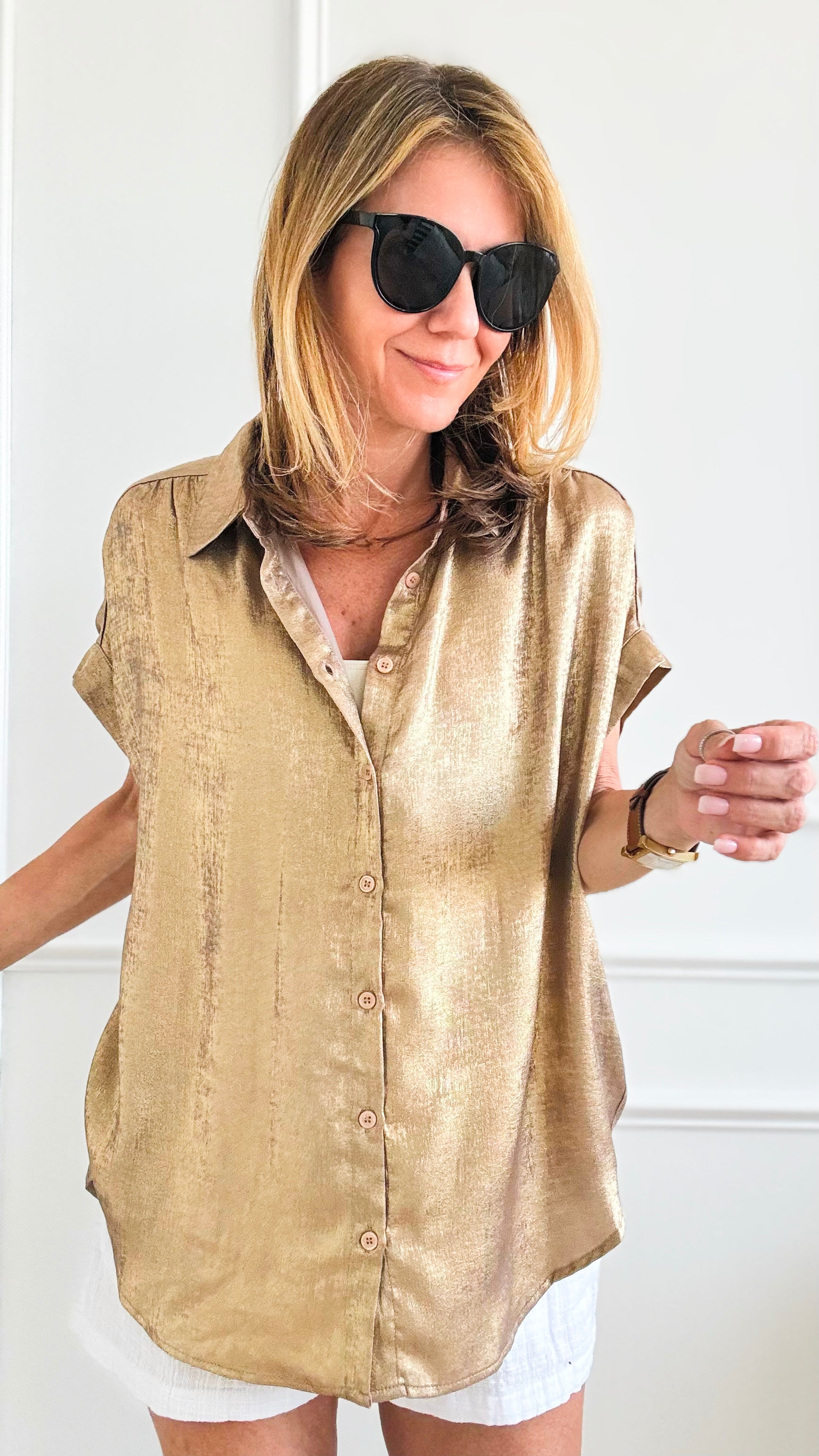 Glow Up Collared Button Up Top - Taupe-110 Short Sleeve Tops-Jodifl-Coastal Bloom Boutique, find the trendiest versions of the popular styles and looks Located in Indialantic, FL