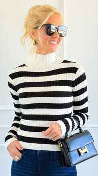 Long Sleeve Ribbed Stripe Sweater - Ivory/Black-140 Sweaters-Active Basic-Coastal Bloom Boutique, find the trendiest versions of the popular styles and looks Located in Indialantic, FL