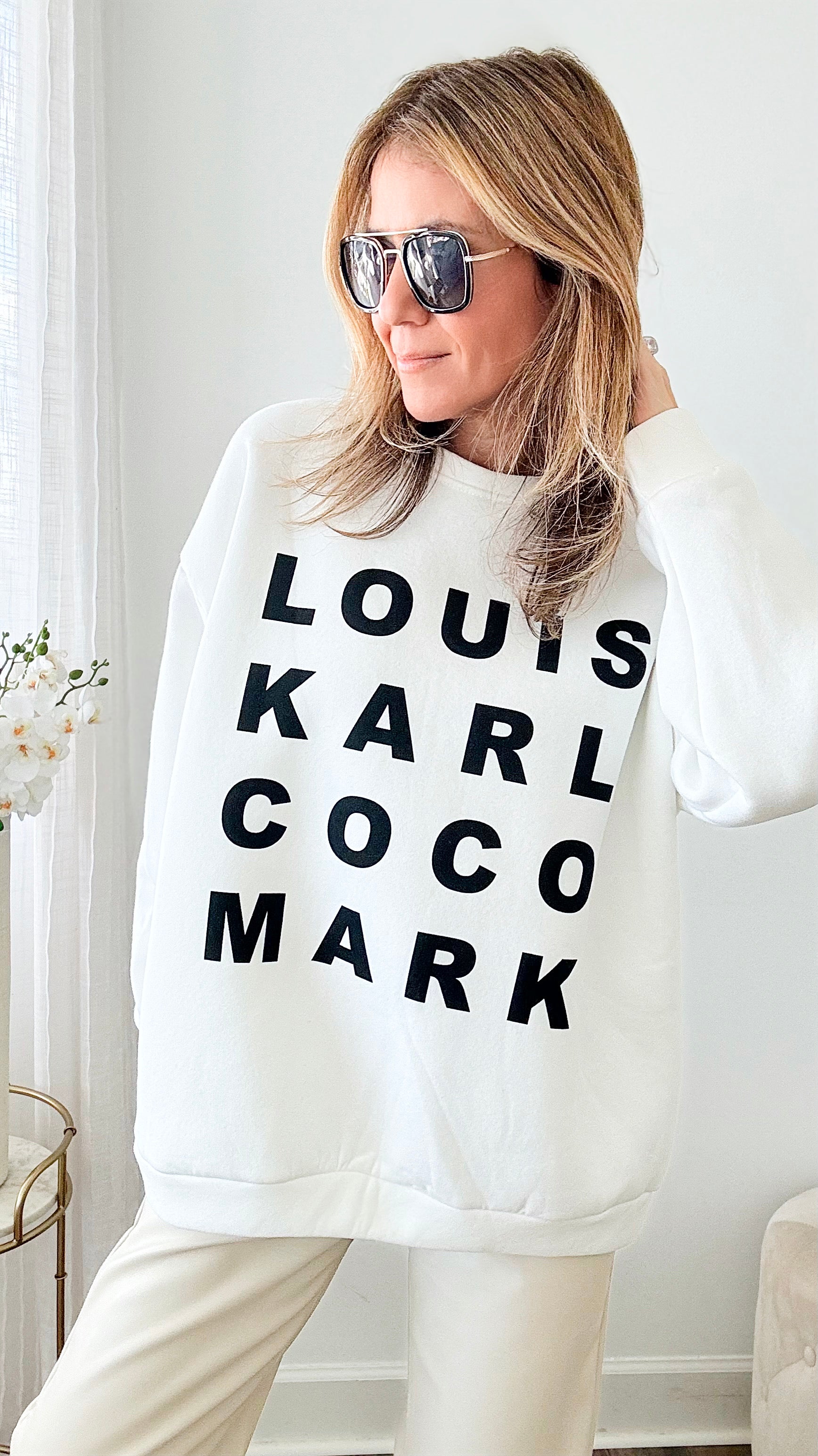 LKCM Italian Sweatshirt - White-140 Sweaters-Germany-Coastal Bloom Boutique, find the trendiest versions of the popular styles and looks Located in Indialantic, FL