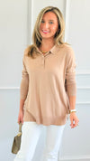 Polished Collar Knit Polo Top - Taupe-130 Long Sleeve Tops-ROUSSEAU-Coastal Bloom Boutique, find the trendiest versions of the popular styles and looks Located in Indialantic, FL
