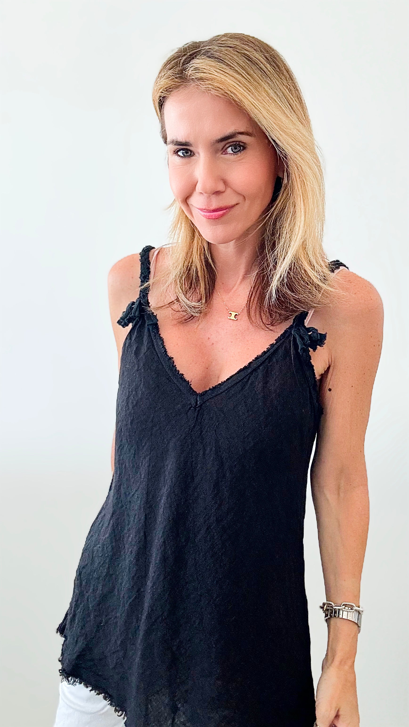 Braided Detail Italian Linen Tank - Black-100 Sleeveless Tops-Germany-Coastal Bloom Boutique, find the trendiest versions of the popular styles and looks Located in Indialantic, FL