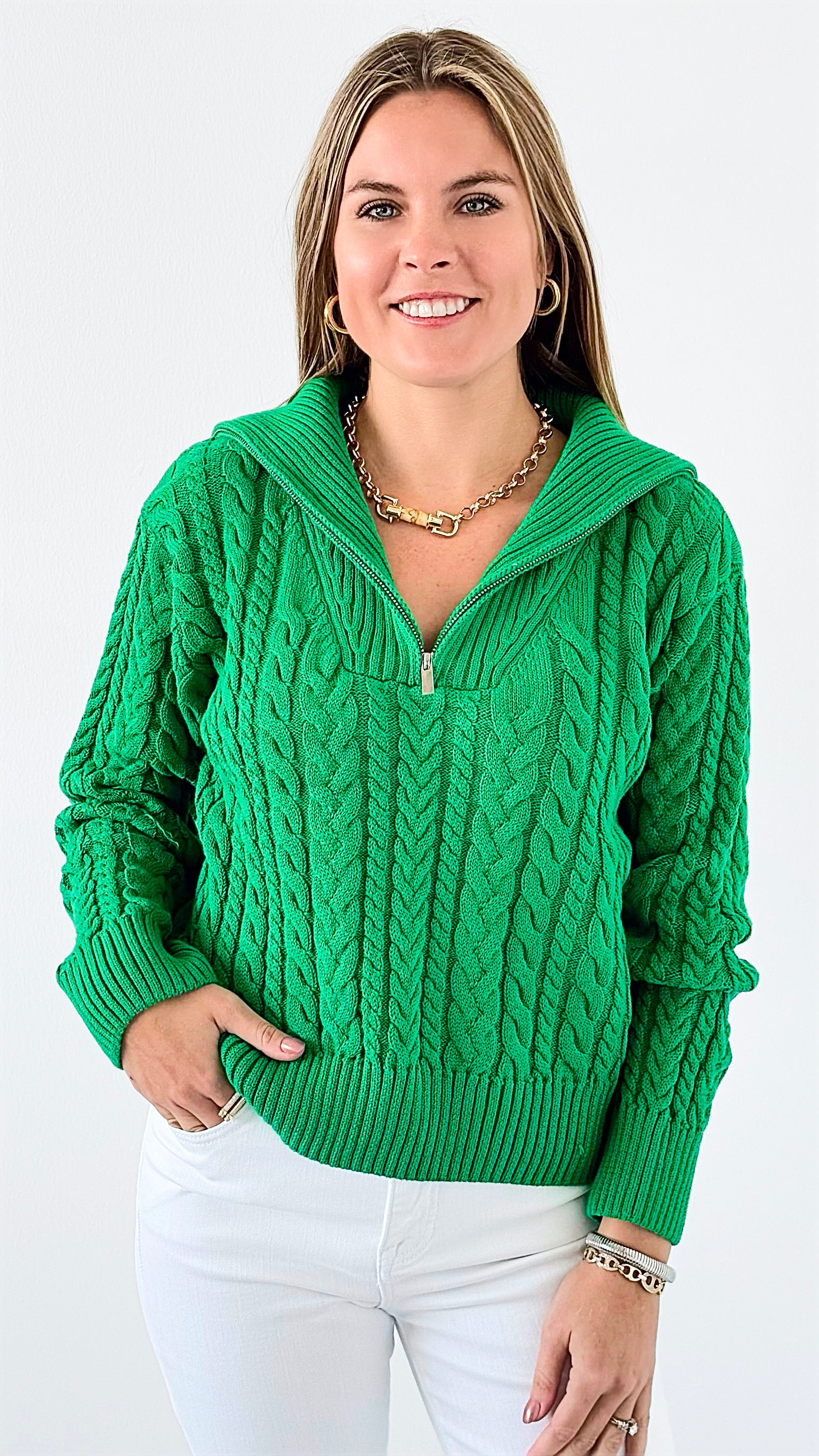 Knit Zipper Sweater - Green-140 Sweaters-English Factory-Coastal Bloom Boutique, find the trendiest versions of the popular styles and looks Located in Indialantic, FL
