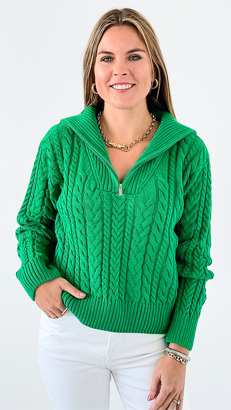 Knit Zipper Sweater - Green-140 Sweaters-English Factory-Coastal Bloom Boutique, find the trendiest versions of the popular styles and looks Located in Indialantic, FL