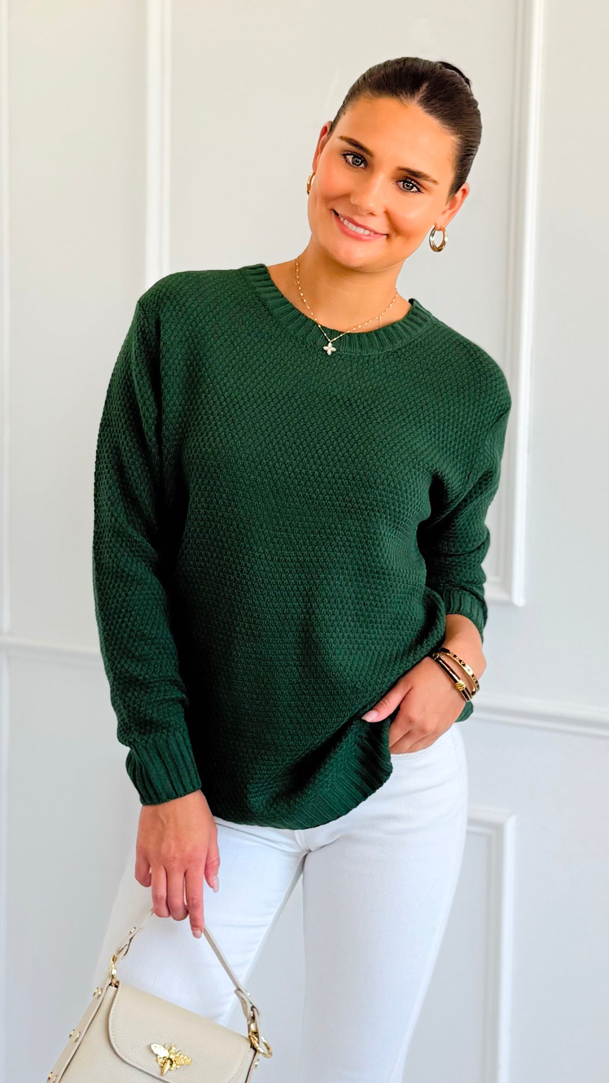 Round Neck Basic Sweater - Dk.Green-140 Sweaters-Zenana-Coastal Bloom Boutique, find the trendiest versions of the popular styles and looks Located in Indialantic, FL