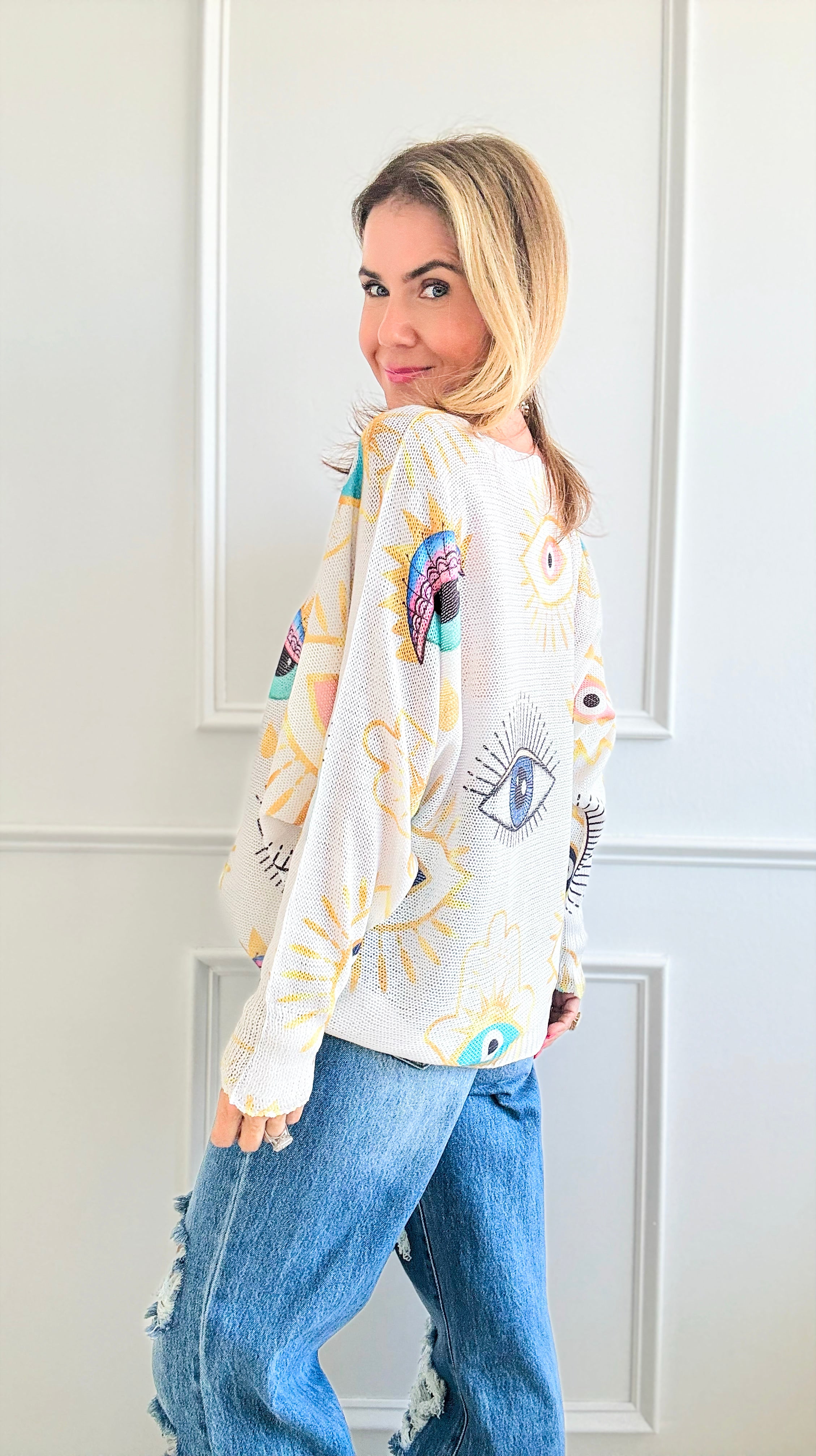 Evil Eye Italian St Tropez Knit- Light Grey-140 Sweaters-Italianissimo-Coastal Bloom Boutique, find the trendiest versions of the popular styles and looks Located in Indialantic, FL