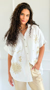 Desert Glow Embroidered Italian Button Top- White-110 short Sleeve Top-TATTOO Z-Coastal Bloom Boutique, find the trendiest versions of the popular styles and looks Located in Indialantic, FL