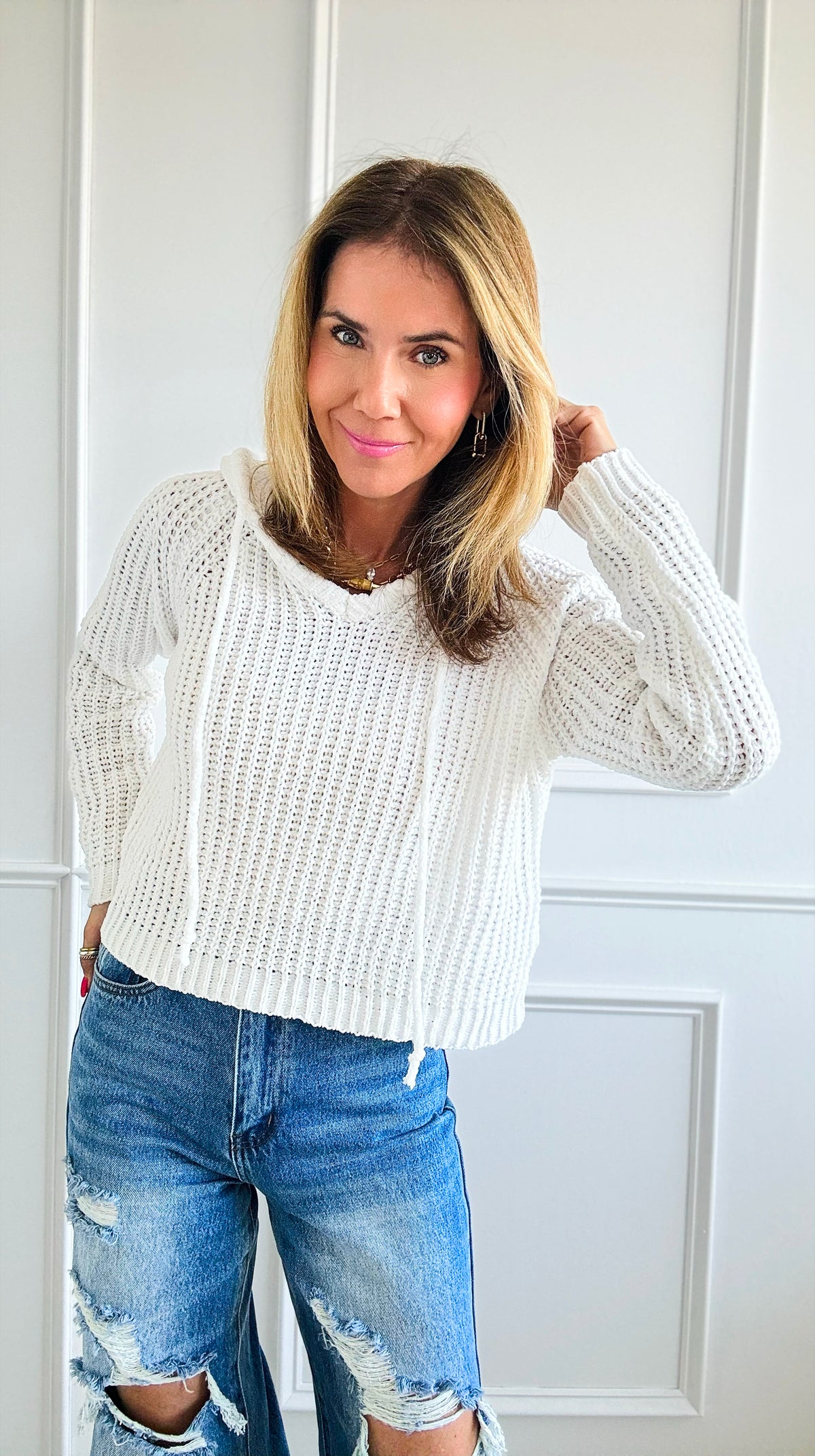 Back Slit Knit Hooded Sweater - White-140 Sweaters-Miracle-Coastal Bloom Boutique, find the trendiest versions of the popular styles and looks Located in Indialantic, FL