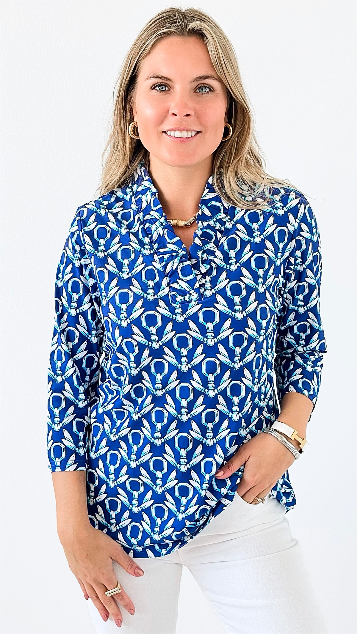 Elegant Patterned V-Neck Top-130 Long Sleeve Tops-ARYEH-Coastal Bloom Boutique, find the trendiest versions of the popular styles and looks Located in Indialantic, FL