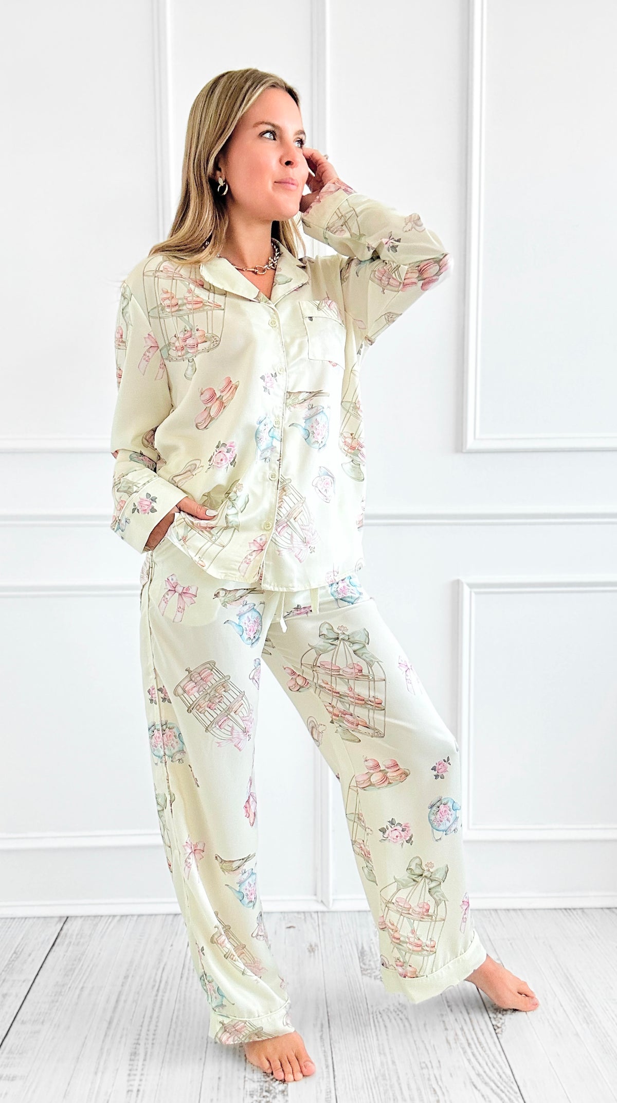 Macaron Tea Party Satin Pant Set-170 Bottoms-Fantastic Fawn-Coastal Bloom Boutique, find the trendiest versions of the popular styles and looks Located in Indialantic, FL