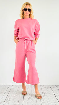 French Terry Wide Pants - Coral Pink-170 Bottoms-Veveret-Coastal Bloom Boutique, find the trendiest versions of the popular styles and looks Located in Indialantic, FL